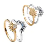 2 Paar Sonne Mond Ring,Himmlisches Sonne und Mond Ringe Set,Ring Set Sonne Und Der Mond,Gold Ringe mit Cubic Zirconia Silber,Stapelbare Himmelsringe,Funkelnder Sonnenring,Matching Rings Für Damen