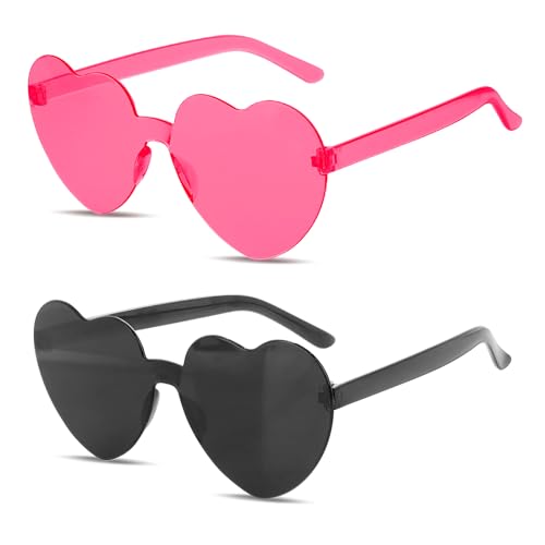 WLLHYF 2 Paar herzförmige Sonnenbrille, randlose Herzbrille, Vintage-Süßigkeitsfarben-Partygeschenk-Brille für Damen, Mädchen, Kinder (Rose rot+ Schwarz)