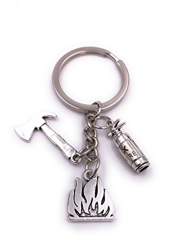 H-Customs Feuerlöscher Axt Feuer Feuerwehr Schlüsselanhänger Anhänger Silber aus Metall