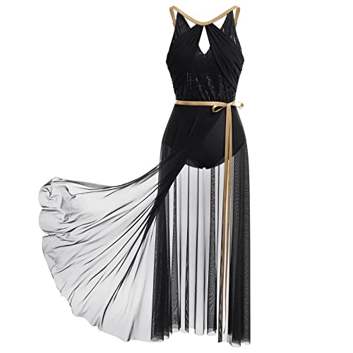 FYMNSI Damen Lyrisch Tanzkleid Ballettkleid ?rmellos Pailletten Trikot Mit Wickelrock Maxikleid T?ll Langes Trikotkleid Modern Contemporary Tanzkost?me Turnanzug B?hnenanzug Kost?m Schwarz M