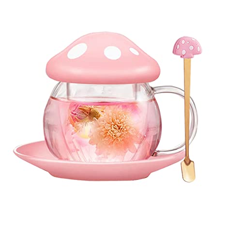 Rain House Glas-Teetasse, niedliche Pilztasse mit Pilzlöffel, Siebfilter, transparente Teekanne mit Keramikdeckel, Untersetzer, hitzebeständig für Zuhause und Büro, 290 ml (Rosa)