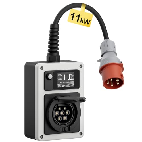 dé Mobile Wallbox 11kW 16A EV Charger mit CEE Stecker und Typ 2 Steckdose, 11kW Ladestation mit Stromzähler, RFID-Karte für ID.4 ID.5, Model Y, Model 3, e-up, e-tron, Zoe und andere EV und PHEV