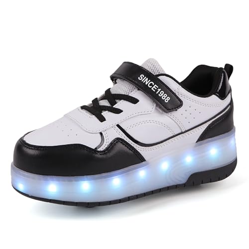 Schuhe mit Rollen für mädchen Jungen Verstellbare Rollschuhe Schuhe Einziehbar Turnschuhe mit Rollen für Kinder LED Blinkend Roller Skate Shoes für Outdoor-Sportarten,Schwarz,40EU