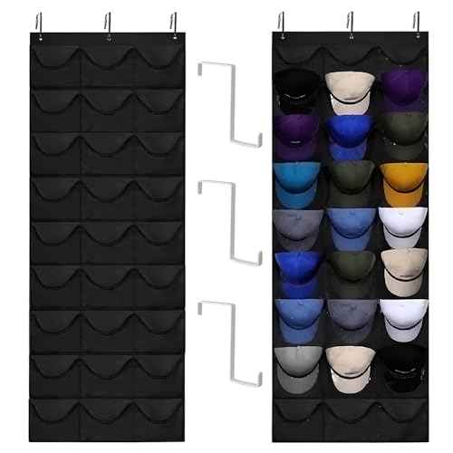 XPJBKC Cap Halter, Baseball Kappen Halterung mit 24 Taschen, Cap Organizer mit 3 Metallhaken Cap, PVC Faltbar Kappenhalter Wand, Aufhängen Cap Halterung Schwarz