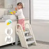 Growaystory Tritthocker für Kinder, Trittleiter Klappbar mit 3 Stufen, Faltbarer Höhenverstellbar, Sicherer, Lernturm, Trittschemel, Tritt-Schemel Kinderschemel für Baby (Grau)