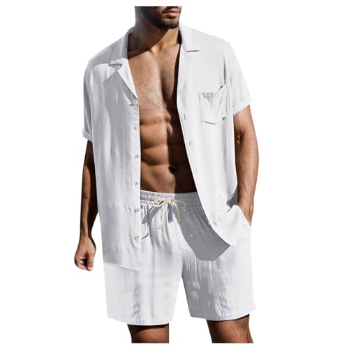QJDFLL Herren Leinenanzug Sommer Freizeitanzug Einfarbig 2-Teilig Kurzarm Button-Up Revers Hemd Und Shorts Beach Shirt Kurze Hose Set Baumwolle Leinen Anzug Set(A-Weiß,L)