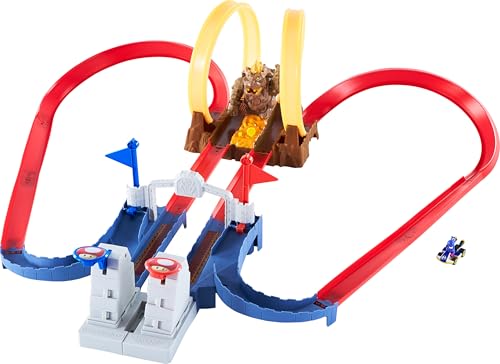 Hot Wheels GNM22 - Mario Kart Bowsers Festung, modulares Trackset mit Kopf-an-Kopf-Rennstrecken, Flaggen zur Rundenzählung, Bowser Figur, Autorennbahn Geschenk für Kinder ab 3 Jahren