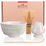 Goodwei Matcha Set mit Matcha Besen, Matcha Schale und Besenhalter aus Keramik | Geschenkset (Shiro)