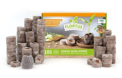 FLORTUS – Kokos Quelltöpfe aus Anzuchterde mit Nährstoffen – 105 Stk. Kokos Quelltabletten torffrei & biologisch abbaubar – Quelltabs aus Kokoserde gepresst zur Pflanzen Anzucht von Samen & Setzlingen