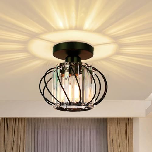 FRIDEKO HOME Deckenleuchte Schwarz Mini Kristall Kronleuchter,Modern Deckenlampe Metall Rund Lampenschirm E27 Lampe Decke für Schlafzimmer Wohnzimmer Küche Flur