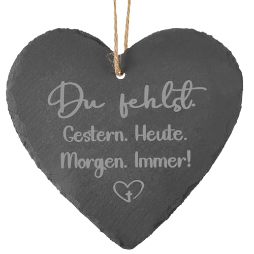 Weewooday Grabschmuck Wetterfest Schiefertafel in Herzform mit Kordel zum Aufhängen Schieferherz mit Gravur Schieferplatte mit Spruch Herz Grabdeko zum Erinnerung Andenken Trauer