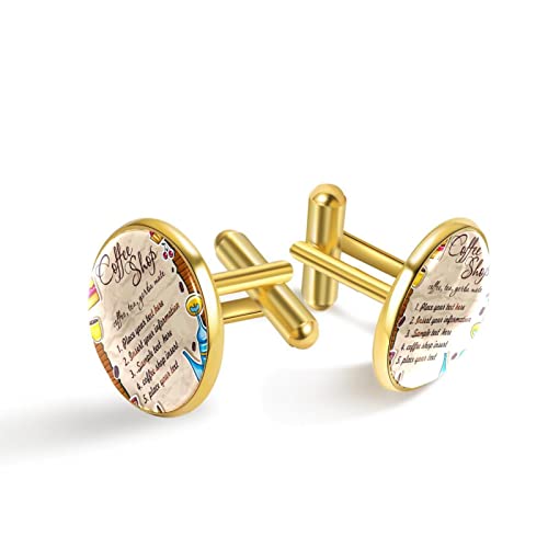 Vintages Cartoon-Kaffeestube-Muster Klassische Edelstahl-Manschettenknöpfe für Herren, Hemd-Manschettenknöpfe, Schmuck, Business-Hochzeitsgeschenke, golden