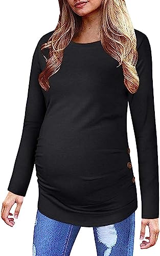 Saodimallsu Damen Umstandsshirt Langarm Stillshirt Umstandstop Rundhals Schwangerschafts Oberteil Nursing Tops Sommer Atmungsaktiv Schwanger T-Shirt Schwarz M