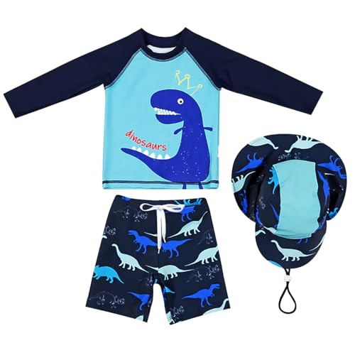 AIWUHE Jungen Kinder Badeanzug Dinosaurier 2er Set Rashguard Langärmliges Top+Badeshorts Uv-Schutz Schwimmanzug mit Hut Blauer Dinosaurier 110