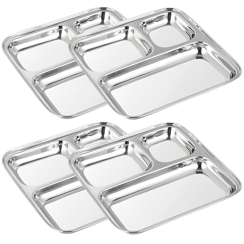 WG inc Kinderteller aus Edelstahl, 4 Stück, Portionskontrollfach, 3 Abschnitte, unterteilte Camping-Futter, ungiftiges Metall, Kleinkind-Teller, Babyteller