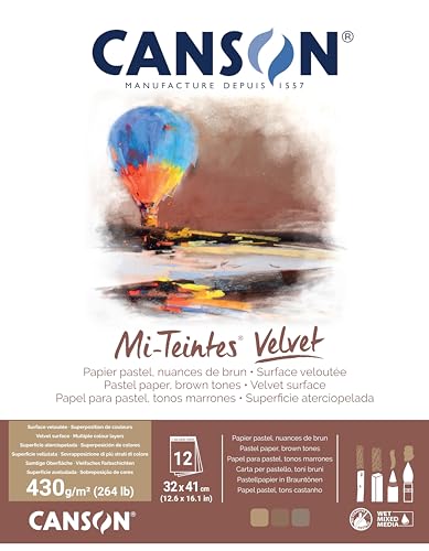 CANSON Mi-Teintes Velvet, Pastellpapier, samtige Oberfläche, 430 g/m², Block auf der kurzen Seite, 32 x 41 cm, 3 Brauntöne, 12 Blatt