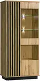 MINIO go for it - Lamia 3 Vitrinenschrank mit LED-Beleuchtung 90cm Breit, Vitrine Glass, Bücherregal mit Türen und Glaseinsätzen, Highboard für Wohnzimmer Schlafzimmer, Farbe Wotan Eiche/Schwarz Matt