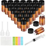 Ysimple 2ml Braune Leere Glasflaschen - 30 Stück Braune Mini Flasche Leer, Tropfflasche Mini Glasflaschen, Tropfflasche 2ml Lieferung Mit Pipette Spritze Aufkleber, für Ätherisches Öl, Massage(2ml)