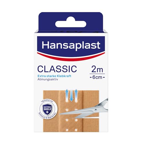 Hansaplast Classic Pflaster (2 m x 6 cm), zuschneidbare Wundpflaster mit extra starker Klebkraft & Bacteria Shield, flexibles und atmungsaktives Verbandsmaterial