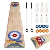 3 in 1 Shuffleboard Bowling Tischspiele 360x57cm, Tragbares Shuffleboard Tischkegelspiel Curling Spiel mit 6 Bowling und 2 Puttern für Kinder Familie Party