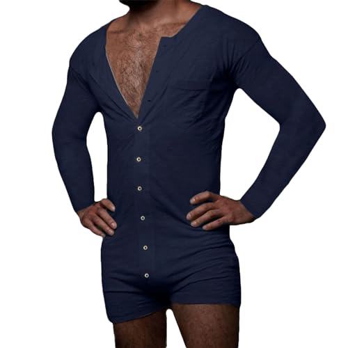 Caxndycing Jumpsuit Herren Einteiler Body Bodysuit Erwachsene Strampler Pyjama für Männer Einfarbige Thermounterwäsche Stretch Nachtwäsche Langarm Shirt Unterhemd Jumpsuit mit Knöpfen