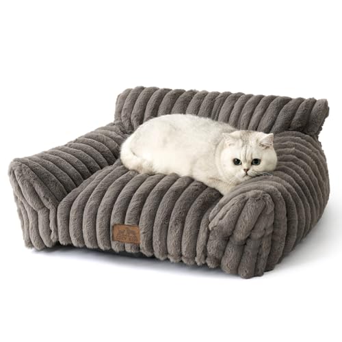 COZY KISS Katzenbett Flauschig für Große Katzen, Waschbar Katzensofa Katzenschlafplatz für Kleine Hunde, Plüsch rutschfeste Haustierbett (65x44x30cm, Grau)