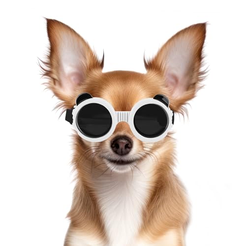 NAMSAN Hund Brille für Kleine Hunde Hunde Sonnenbrille mit Rundem Rahmen Windschutzbrille UV-geschützt Schutzbrille für Kleine Hunde - Weiß