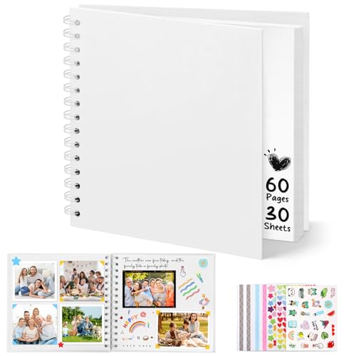 DazSpirit Fotoalbum zum Selbstgestalten, 8-inch Fotobuch zum Einkleben, Quadratisches Hardcover-Scrapbook und Gästebuch Geburtstag für Abschluss, Hochzeit, Babys, mit 5 Aufkleber, 60 Seiten, Weiß