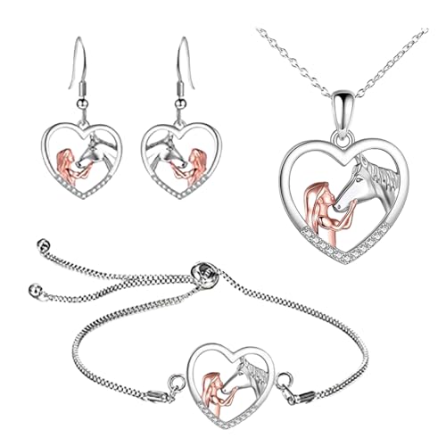 Pferd Halskette Mädchen,3-teiliges Set aus Herz-Anhänger Halskette,Armband und Ohrringen,Pferde Schmuck für Pferdemädchen,Pferde Geschenke für Mädchen,Pferdeschmuck,Geschenke für Pferdeliebhaber