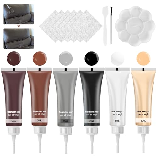 Lederreparatur Creme, 6 Farben Leder Reparatur Set, Leder Restaurator, Kunstleder Reparaturset, Fiussigleder Reparatur Set, Mischbare Lederreparatursets für Sofa, Lederjacke, Autositz, Schuhe, Mäntel