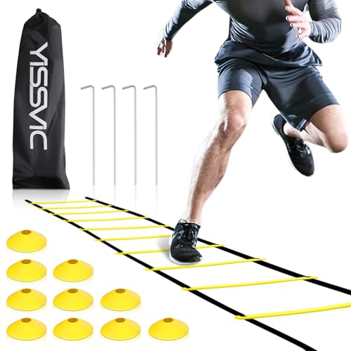 Yissvic Fussball Trainingszubehör Koordinationsleiter mit 10 Hütchen Fussball Sachen Geschenke Junge Trainingsleiter fußball Zubehör mit Tragetasche 6m Gelb