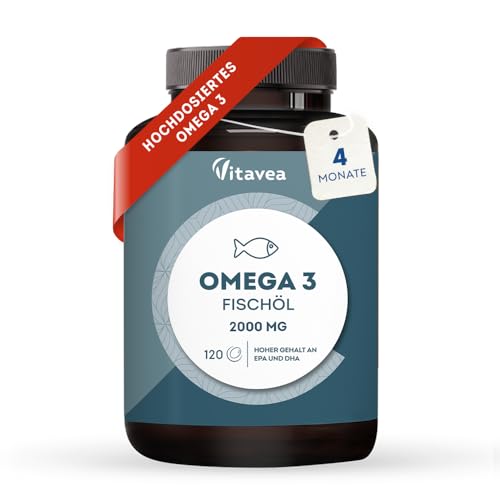 Omega 3 Wildfischöl 2000 mg - 1000 mg EPA, 500 mg DHA, 120 Omega 3 Kapseln hochdosiert - Herz- & Gehirnfunktion, Sehkraft - Vitavea