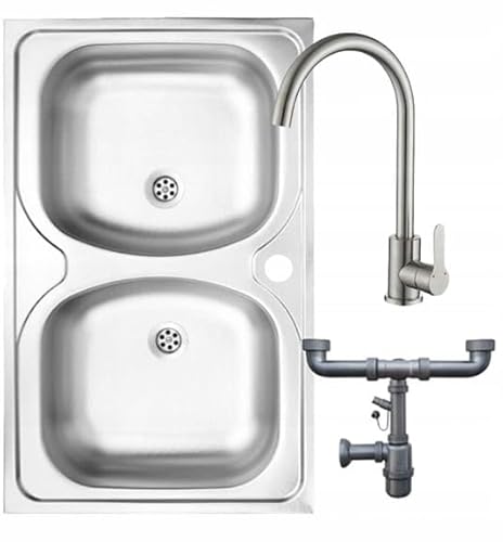 DomoDomo Spülbecken 2-Kammer, Auflagespüle, Doppelspüle, Stahl 80x50 cm + Loch für Waschtischarmatur + Waschtischmischer + Siphon