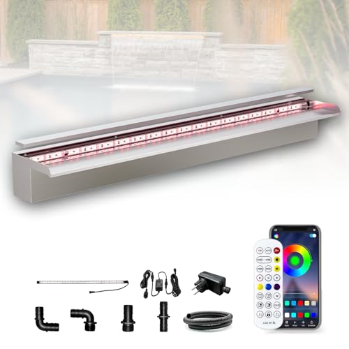 Longrun 90cm Teich Wasserfall Set, 304 Edelstahl Pool Wasserfall mit RGB Bluetooth LED und Fernbedienung, Breite 15cm