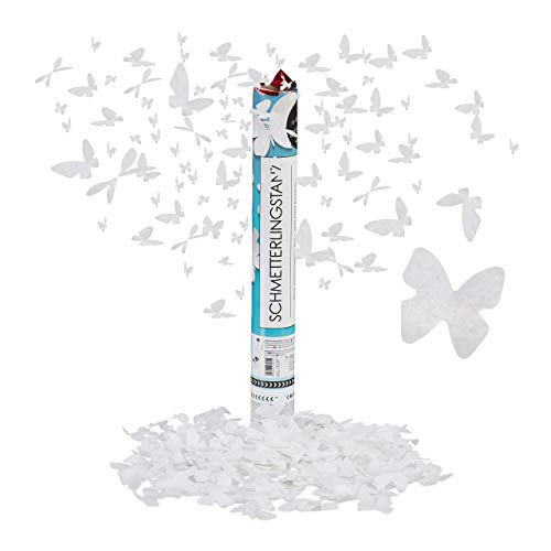 Relaxdays Party Popper Schmetterling, 6-8 m Effekthöhe, Hochzeit & Verlobung, Papierkonfetti, Konfettikanone 40 cm, weiß, Papier, Pappe, 40 x 5 x 5 cm