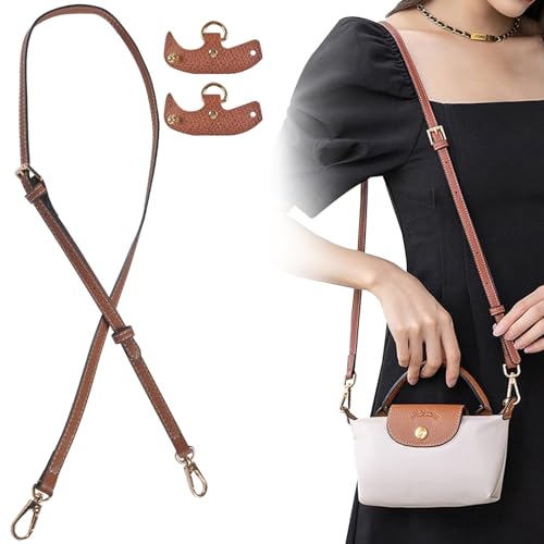 Qooloo Leder Schultergurt mit Metall Drehhaken No-Punch für Longchamp Le Pliage, Verstellbarer 92–117cm Universal Schulterriemen Brown Gold