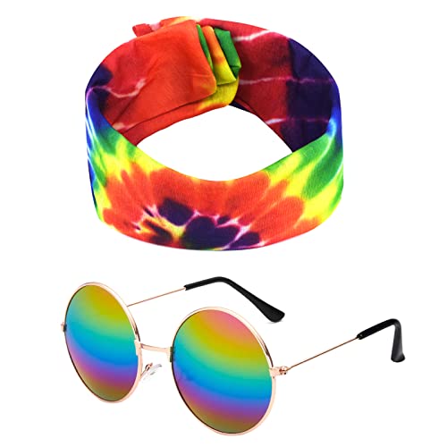 Karjiaja 2 Stücke Hippie Kostüm Set Hippie Accessoires mit 60er Jahre Retro Vintage Brille, Friedenszeichen Halskette Damen und Buntes Hippie Stirnband für 60er 70er 80er Party Verkleiden Zubehörset