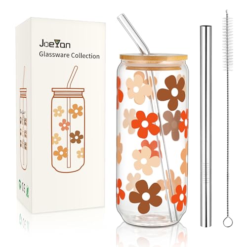 Joeyan 600ml Glas Trinkbecher mit Deckel und Strohhalm,Trinkgläser Dosenform mit Blumenmuster,Longdrinkgläser für Eiskaffee Bubble Tee Smoothies,Glaswaren Geschenk