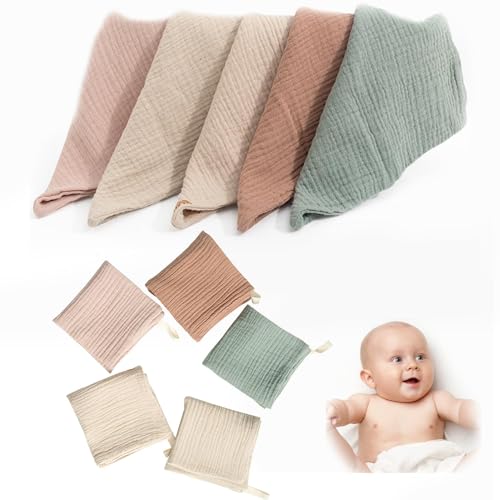 10 Stück Baby Musselin Waschlappen, Handtücher Set für Neugeborene, 23x23cm Gesichtstücher und Badetuch, Mehrweg Baby Waschlappen 100% Baumwolle Weich und Atmungsaktiv