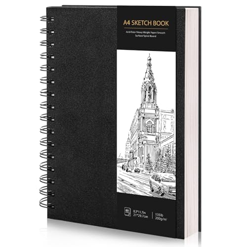 Skizzenbuch A4, Zeichenblock Skizzenpapier Zum Zeichnen Malblock 200g/m² Dickes Papier Spiralbindung für Künstler Studenten (60 Blatt/120 Seiten)