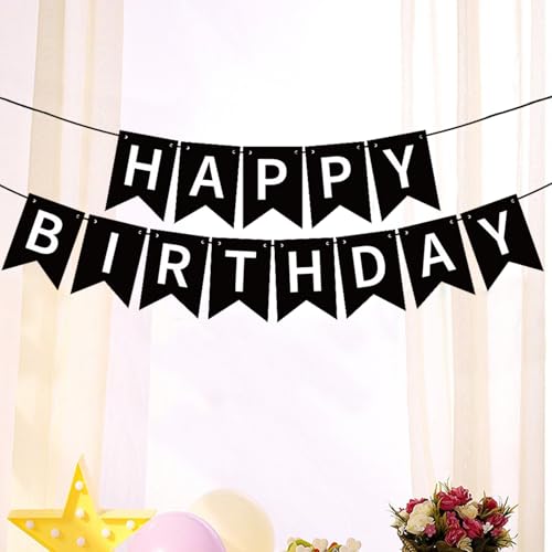 Happy Birthday Banner, Bunte Party Geburtstag Girlande Dekorationen für Mädchen und Jungen, Bunting Papier Zeichen Personalisierte Party Lieferanten (Schwarzes Papier Weißer Buchstabe)