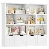 FOREHILL Kinderregal mit Boxen auf Rollen, Kinderbücherregal mit mit 4 Ebenen, Kinderzimmer Möbel, Spielzeugregl, Aufbewahrungregal,Bücherregal für Kinder, Kinderschrank, Regal weiß 125.5x33x118cm