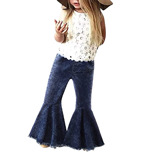 TIREOW Bell Bottom Zerrissene Jeans Hosen Schlaghose Für Kleinkinder Kinder Mädchen 1-6 Jahre Rüschen Quaste Jeans Leggings Hose (3-Blue, 2-3 Years)