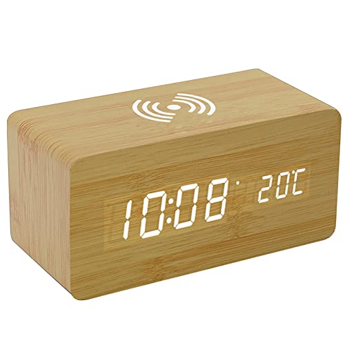 Buachois Hölzerner digitaler Wecker, 3 Alarme Anzeige Schallsteuerung Elektronisches LED -Zeitdisplay mit drahtloser Ladevorgänge für Kinder und Familien im Schlafzimmer -Büro und Familien