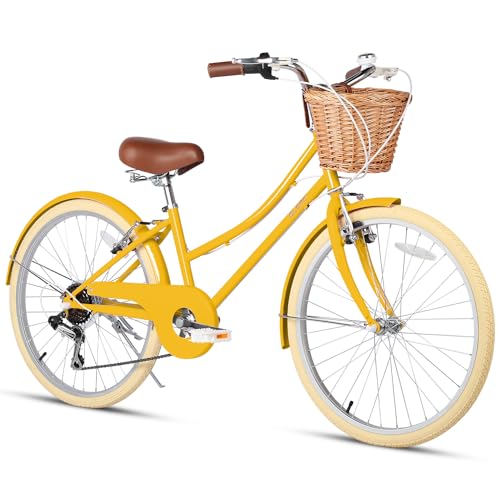 Glerc 24" Mädchen Cruiser Bike 6-Gang Cruiser Frauen Hybird Fahrrad für Alter 7 8 9 10 11 Jahre alt mit Weidenkorb, Lightweight Rahmen und Gabel, gelb