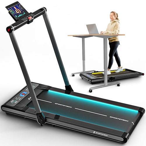 Sportstech sWalk Plus - 2in1 LED Laufband und Walking Pad bis 12 km/h klappbar - Laufband für Zuhause und Schreibtisch mit Bluetooth APP bis 120 kg Nutzergewicht, 1,5 PS Motor Fitness Treadmill