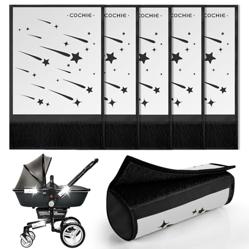 5 Stück Kinderwagen Reflektoren mit Klettverschluss Universal Sicherheits Reflektoren für Buggy, Fahrräde, Anhänger und mehr, Meteor Motiv, Schwarz