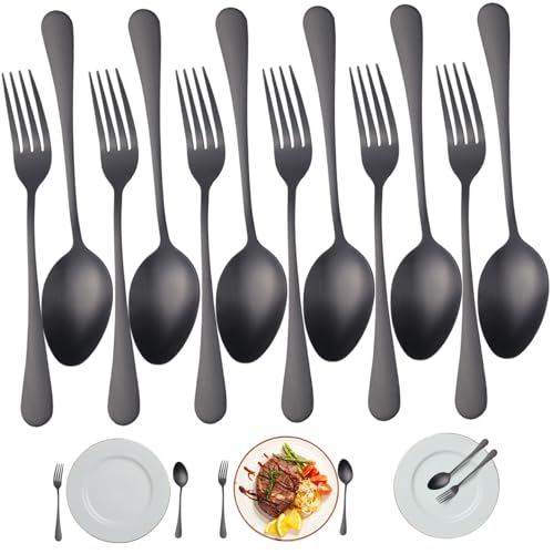 Weddflower Gabeln und Spoons Silberwarenset von 12 Edelstahl-Schwarzplätzen, 8-Zoll