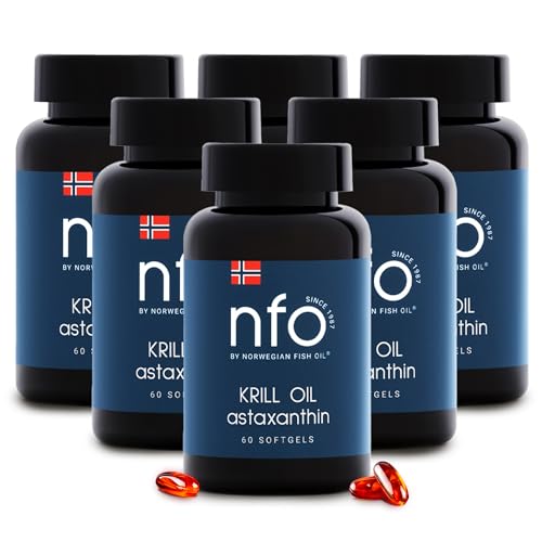 NFO OMEGA 3 KRILL OIL Astaxanthin 6er Pack [6x60=360 Softgel Fischhaut Gelatine Kapseln] Hergestellt in Norwegen Krillöl Omega 3 Kapseln hochdosiert, Fischöl, EPA & DHA, Astaxanthin & Phospholipide