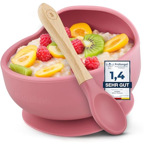 MiaBino Silicone Bowl Spoon Set mit Rutschfestem Saugnapf und Löffel, Kinderschüssel Baby Breischale, BPA-frei, Spülmaschinen- und Mikrowellenfest, Sicher & Hochwertig (Dusty Pink)